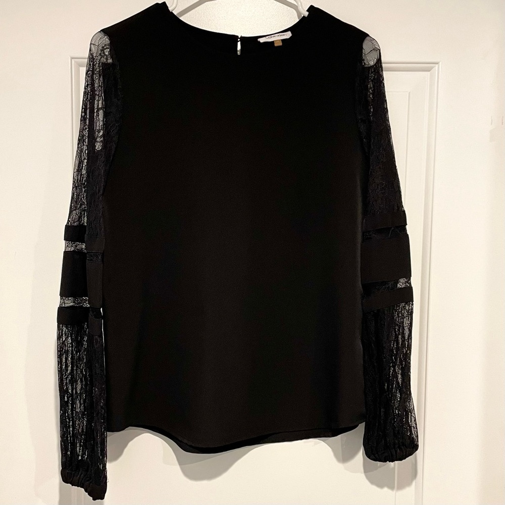 Calvin Klein Black Top with Lace Sleeves
